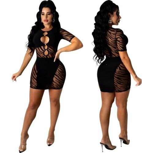 Sexy Zebra Print Sheer Mesh Patchwork Mini Dress Short Sleeve Hollow Out Zip Bodycon Short Vestidos Night Club Robes Outfits