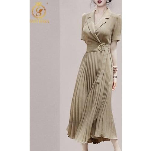 SMTHMA 2021 New Fashion Womens Short Sleeve Summer Dress Ladies Luxury Temperament Slim Pleated Dresses Vestidos