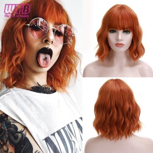 WTB Orange Short Wavy Bob Synthetic Wigs for Women Purple Color Women Bob Wig with Bangs Cosplay Daily Use Hair Wig