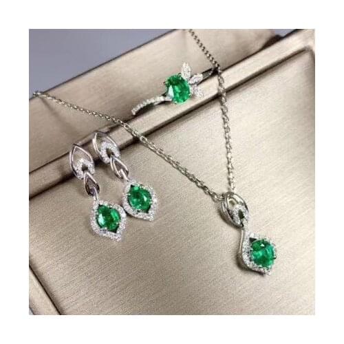 Anniversary Best Gift set Natural Real Emerald 925 sterling silver 1pc Emerald pendant,1pc Emerald ring,2pcs Emerald Earring
