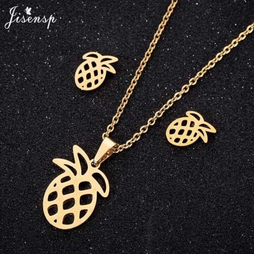 Jisensp Stainless Steel Jewelry Sets Lovely Design Hollow Pineapple Charm Necklace Earrings for Women Girls Birthday Gift bijoux