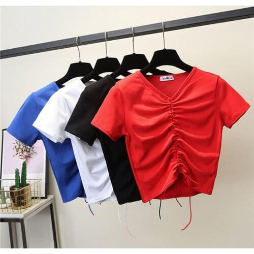 Female Cotton V-neck drawstring T-Shirt Short Sleeve Neck Summer Casual Solid T-Shirt High Waist Slim T-shirts for women