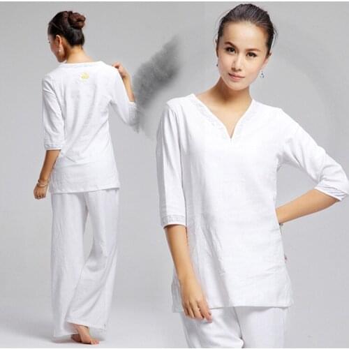 Women Yoga Tai Chi Set Linen Loose Sweatshirt+pant Jogger Fitness Casual Outfit Kungfu Meditation Martial Arts Set Activewear