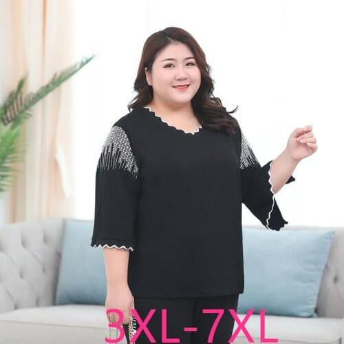 New spring autumn plus size tops for women half sleeve cotton thick large V neck casual loose T shirt black 3XL 4XL 5XL 6XL 7XL