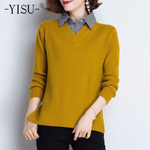 YISU Women Spring Thin Sweater Jumper Lapel Spring tops Solid color Long sleeves Fake two-piece Female Casual Knitted pullover