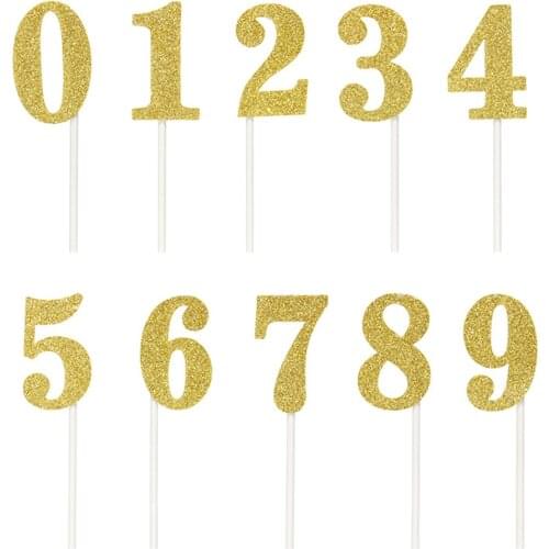 10Pcs Cake Toppers Number 0-9 Glitter Paper Creative Cake Decorating Toppers Fruit Picks for Birthday Party Banquet Baby Shower