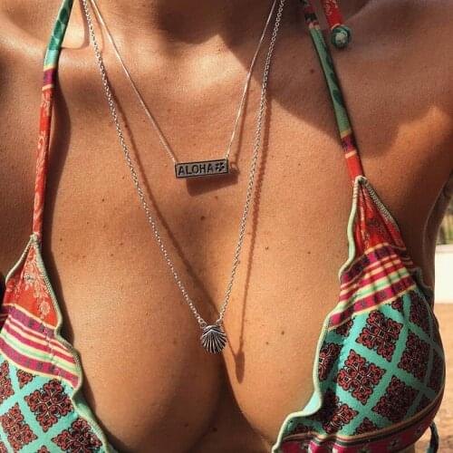 2 Pcs/Set Women Fashion Letters Shell Flowers Pendant Multilayer Chain Silver Color Necklace Set Simple Summer Fashion Gift