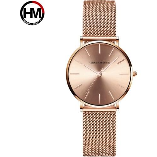 HANNAH MARTIN Fashion Womens Watches Stainless Steel Mesh Starp Quartz Wristwatch Ladies Dress Watch Relogio Feminino Rose Gold