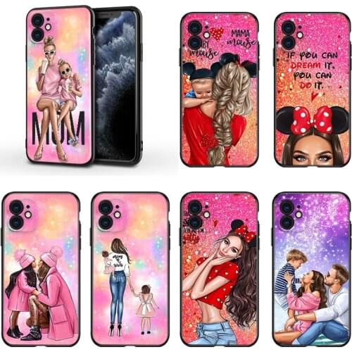 Lucky Cute Mom baby For Apple iPhone 13 12 11 Mini XS XR X Pro MAX SE 2020 8 7 6 5 5S Plus Black Silicone Phone Case