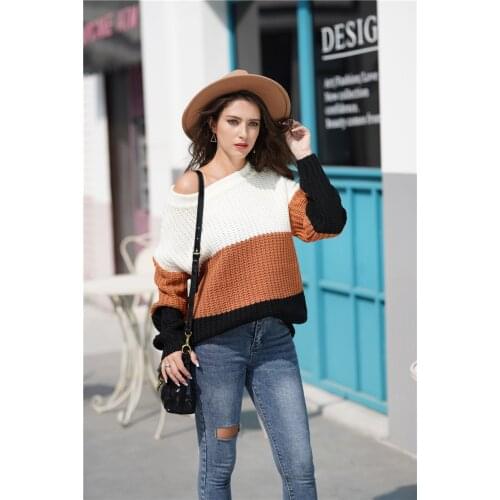 H80&S90 New Women Sexy Slash Neck Off-Shoulder Striped Sweater Autumn Winter Loose Patchwork Jumpers Ladies' Knitted Long Sleeve