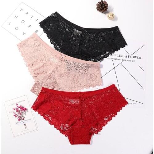 Cotton Panties Female Underpants Sexy Lace Panties for Women Briefs Underwear Plus Size Pantys Lingerie 3PCS/Set Solid Color