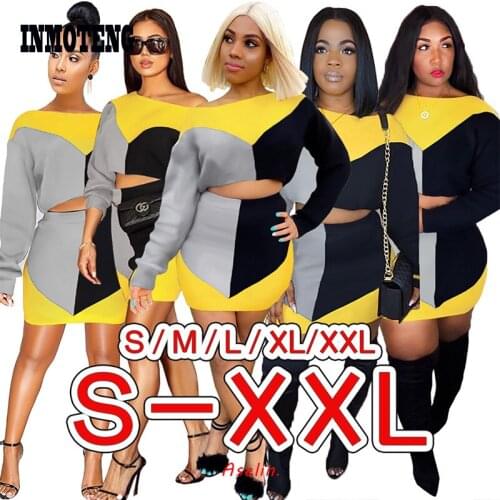 INMOTENG Women New Colorful Patchwork Off Shoulder Long Sleeve Sweaters Mini Skirts Two Pieces Sets Tracksuit Outfits S-2XL