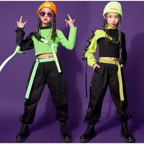 Modern Jazz Dance Costumes Girls Hip Hop Clothing One-Sleeve Crop Tops Cargo Black Pants Casual Kids Streetwear Rave Wear BL5699