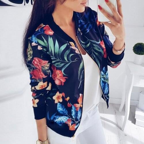 Flower Leaves Printing Jackets Women Long Sleeve Jacket Lady Baseball Sports Outwear Overcoat Jacket Zipper Coat Chaqueta Mujer