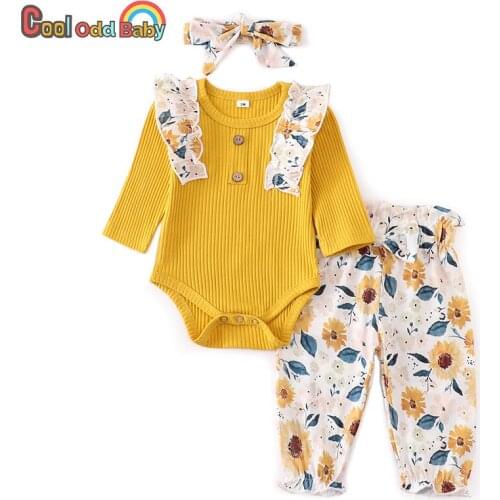 Cute Autumn Newborn Baby Girl Clothes Sets Floral Ruffles Cotton Tops + Yellow Flowers Long Pants Headband Spring Infant Outfits