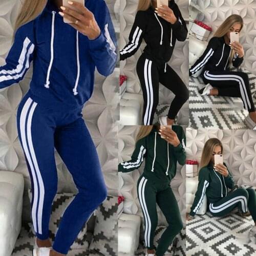 Fashion Women Clothing Casual Stripe Hooded Long Sleeve Pullover Sport Tops+Long Pants Set Suit WomenS Tracksuit Sportswear