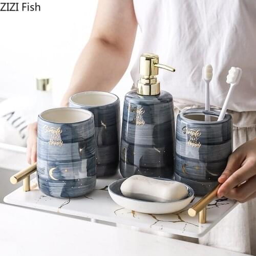 Ceramic Bathroom Accessory Set Five-pic Wash Tools Fantasy Starry Texture Mouthwash Cup Toothbrush Holder Soap Dish Brushing Set