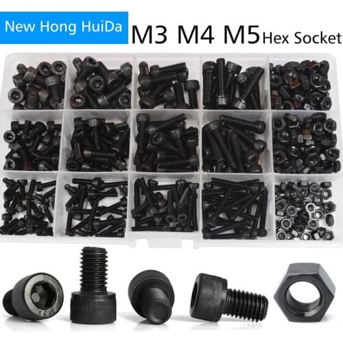 Hex Socket Head Cap Screw Hexagon Metric Thread Machine Allen Bolt Nut Black Set Assortment Kit Alloy Steel 12.9Class M3 M4 M5