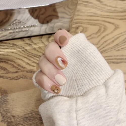Caramel pure color with abstract geometry cartoon pattern fake nails Japanese Cute short size lady full nail tips false nails