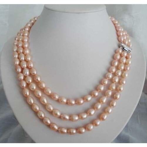 3 row Charming natural 8-9mm AAA pink pearl necklace Jewelry word wholesale SHIPPINGLuxury Ms. girl Wedding