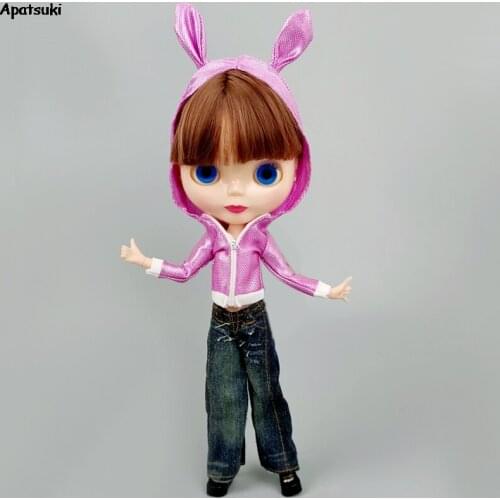 Purple Rabbit Ear Hoodie Zipper Coat Outfits For Blythe Doll Clothes Jacket Cosplay Costume 1/6 Dolls Accessories Kids Toys