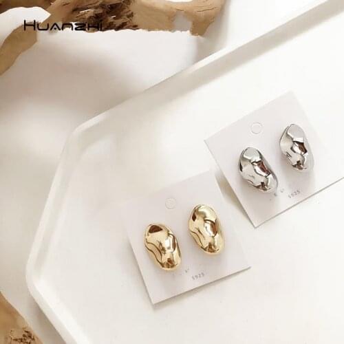 HUANZHI 2019 s925 Needle Korean Geometric Bean Shape Bright Gold Metallic Stud Earrings for Women Summer Jewelry
