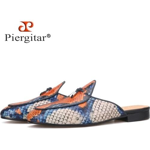 Piergitar 2019 handcrafted calfskin Snake pattern mens Mules metal tassel designs mens slippers leather insole plus size