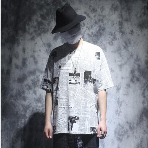 Vintage magazine printing round collar t shirt men tshirt loose personality camisa masculina teenage t-shirts mens europen