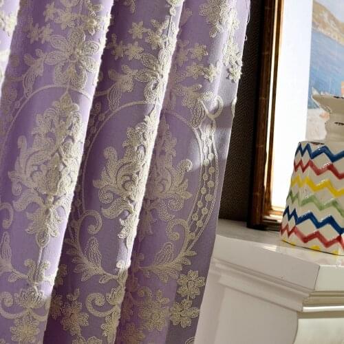 Embroidered Purple Floral Curtains for Living Room Semi Blackout Cotton Linen Window Treatment Drapes White Panels JS277C
