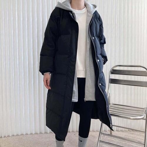 Fake Two Piece Hooded White Duck Down Coat For Ladies 2021 New Autumn Winter Solid Color Over The Knee Casual Jacket Fashion