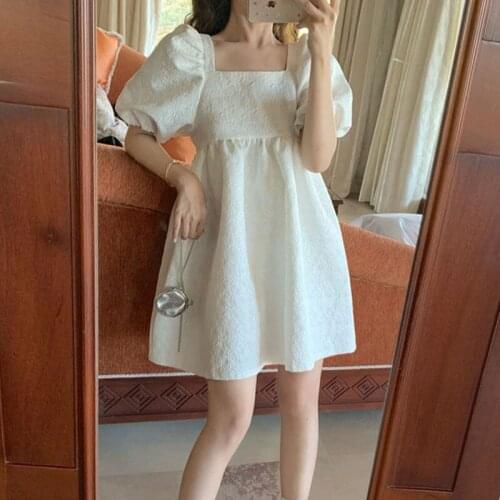 2021 Summer French Court Gentle Style Lolita Super Fairy Square Collar Dress Short Dress Women White Puff Sleeve Princess Dress