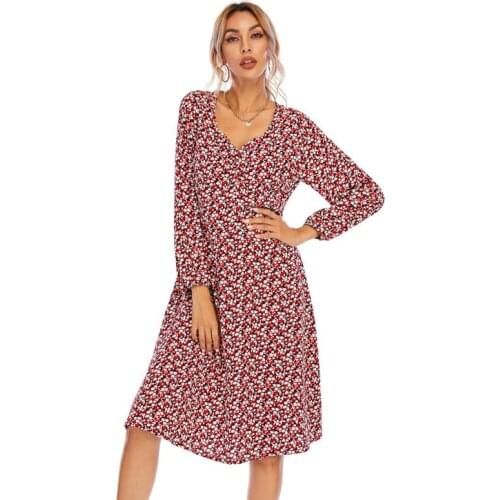 Women Casual Autumn Dress Lady Loose Style Vintage Floral Printed Chiffon Dress Long Sleeve Spring Summer Casual Dresses Vestido