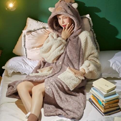 Winter Night-Gown Plush Robe Women Sleepwear Cartoon Nightdress Hooded Coral Velvet Nightgown