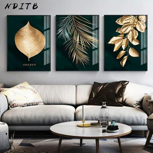 Golden Leaf Abstract Wall Poster Modern Style Canvas Print Botanical Painting Contemporary Art Room Entrance Decoration Picture