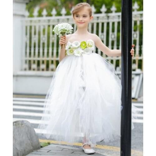White Flower Girls Fluffy Wedding Tutu Dress Handmade Tulle Elegant Kids Girls Boutique Ball Gown Tutu Party For Birthday 1-10Y