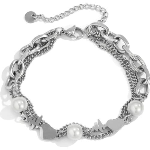 POTCET Unisex Stainless Steel Pearl Titanium Steel Bracelet Geometric Fashion Retro Hip Hop Personality Party Jewelry