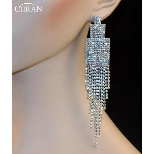 CHRAN Silver Plated Crystal Chandelier Dangle Rhinestone Long Tassels Earrings for Women Statement Wedding Accessories Jewelry
