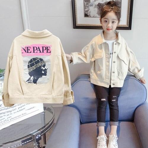 New Arrival Girls Fall Fashion Spliced Denim Jacket Children Printing Casual Coat Kids Spring Clothes Embroidered Outerwear X376