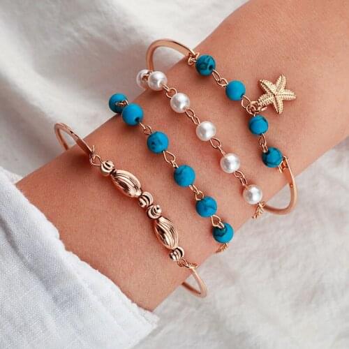 Hot Fashion Bracelet Bohemian National Style Turquoise Starfish Pearl Bracelet Set of 4 Womens Party Jewelry