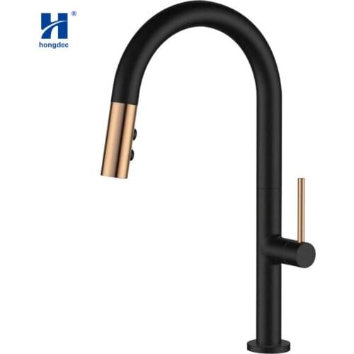 Hongdec Single Handle tap High Arc Spout Pull Out Kitchen Sink Faucet Black and White