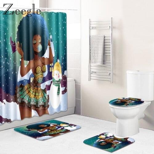 Zeegle Bath Mat Shower Curtain Set for Bathroom 4pcs Bathmat Set Printed Toilet Carpet Anti-slip Water Absorption Bath Foot Rug