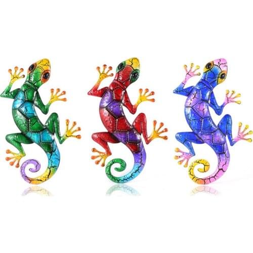 3PCS Rustproof Iron Gecko Wall Decor Metal Lizard Ornament Frosted Colored Crack Gecko Wall Hanging Garden Wall Fence Decor #W0