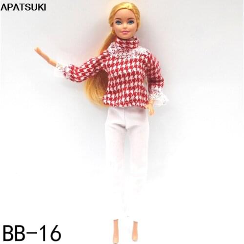 Fashion Doll Clothes For Barbie Doll Outfits Set Red Houndstooth Shirt Top & White Pants 1/6 Dolls Accessories Kid Toys