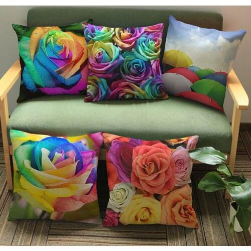 3D Rose Colorful Petals Umbrella Print Pillow Cover Case Cotton Linen Decorative Throw Cushion Cover Living Room Pillowcases