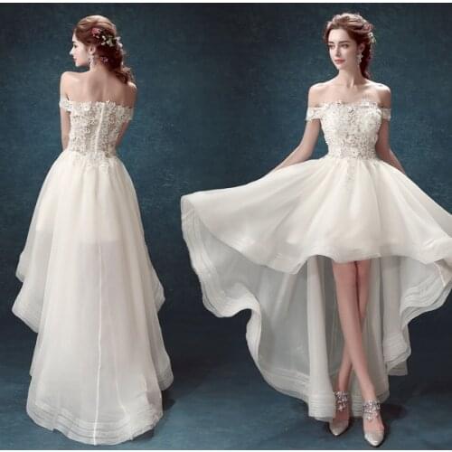New white flowers slash short front long back lady girl women princess bridesmaid banquet party ball dress gown