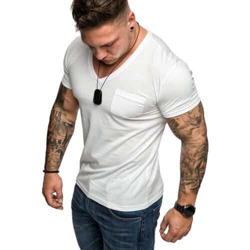 QNPQYX New Fashion Solid T Shirts Mens Summer Slim Fit Casual Short T Shirt Casual Pocket V-Neck Skinny Short Sleeve Tshirt Men