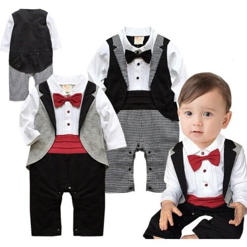 Baby Boy Clothes Children Clothing Spring And Autumn Gentleman Boy One-Piece Suit Splicing Romper Newborn Casual Romper With Tie