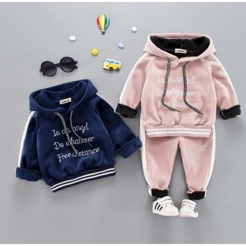 0-4 years winter boy girl clothing set 2019 casual thicker warm letter solid kid suit children baby clothing hoodies+pant 2pcs