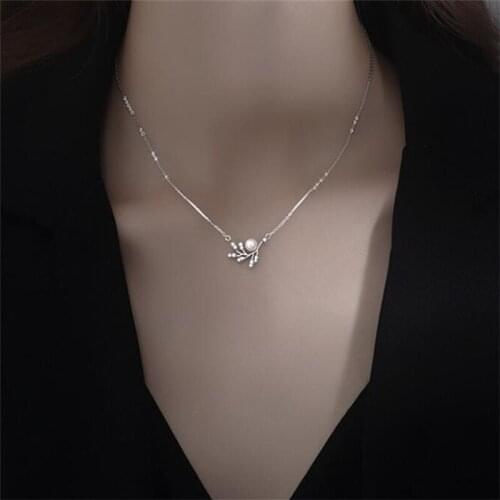 925 Sterling Silver Round Pearl Leaf Charm Pendent Necklace For Women Girls Party Jewelry Choker Collar dZ649
