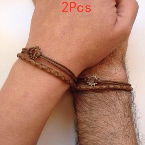 Couples Bracelets - Friendship Love Cuff Steampunk Bronze Gear Charm Bracelet Leather Braid Gift Adjustable Trendy Innovative